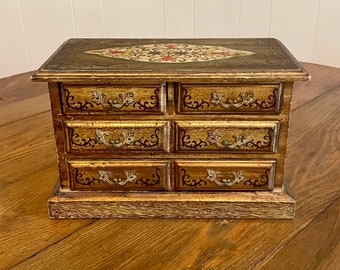 Wooden Florentine style jewelry box painted gold wood velvet lining regency bohemian cottage vanity storage home decor