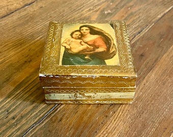 Florentine Wooden Keepsake Box: Sistine Madonna Decoupage, Gold Gilded