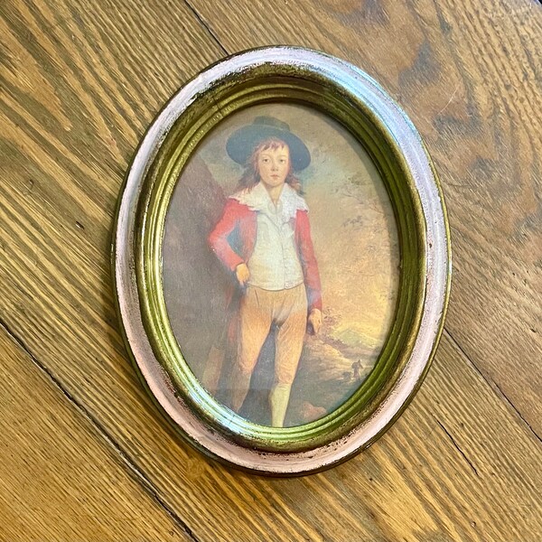 Italian Florentine gold oval frame with print of Victorian boy French regency Parisienne cottage style wall art home decor