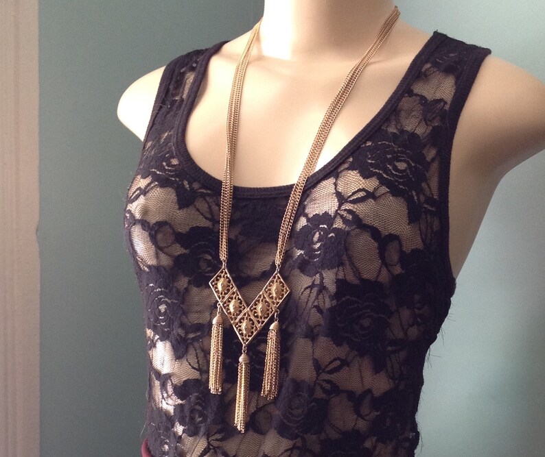 Sarah Coventry designer tassel necklace multi-chain ornate gold tone pendant bohemian boho chic gypsy costume jewelry