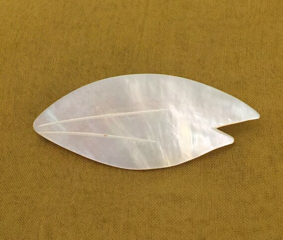 Carved mother of pearl leaf brooch/pin white MOP … - image 1
