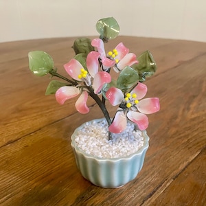 Vintage jade glass bonsai tree sculptural pink flowers in celadon green porcelain planter Feng Shui Asian bohemian boho home decor