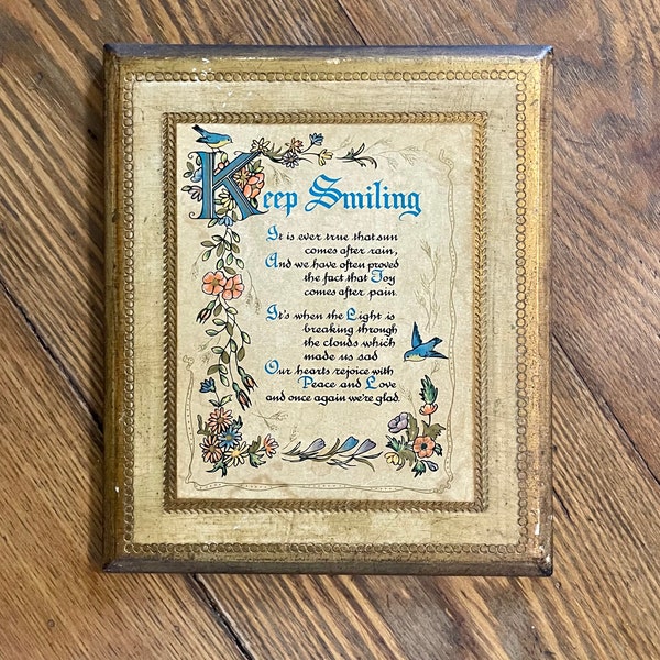 Italian Florentine gilded wood wall plaque hanging decoupaged with inspirational poem cottage style French provincial home decor