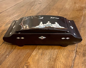 Japanese Black Lacquer Jewelry Box: Abalone Inlay, Bohemian Decor