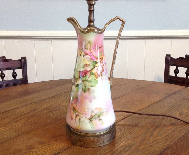 Porcelain Ewer Table Lamp Pink Green Oak Leaf Acorn Transfer Print Ornate Gold Metal Base Romantic Country Cottage Style Lighting Home Decor