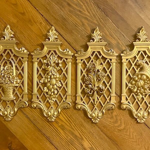 Set of 4 Dart wall plaques ornate gold molded plastic resin fruit and floral on lattice Victorian country cottage style home decor