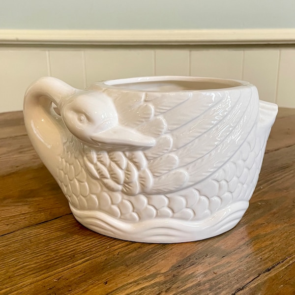 White swan ceramic flower pot planter made in Japan bohemian cottage style home decor