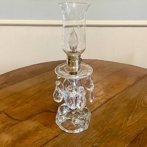 Vintage Glass Lamp with Crystal Prisms, Etched Hurricane Shade