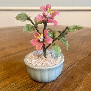 Vintage Jade Glass Bonsai Tree: Pink Flowers, Celadon Planter