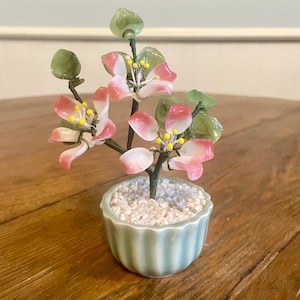 Vintage Jade Glass Bonsai Tree: Pink Flowers, Celadon Planter