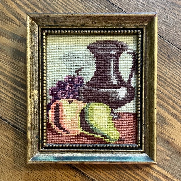 Small framed needlepoint embroidery still life fruit and pitcher fiber art farmhouse country cottage style kitchen home wall decor