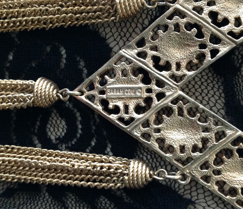 Sarah Coventry designer tassel necklace multi-chain ornate gold tone pendant bohemian boho chic gypsy costume jewelry