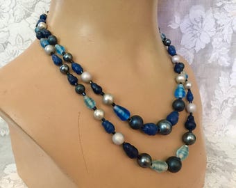 Vintage Blue Art Glass Beaded Necklace, Double Strand Costume Jewelry