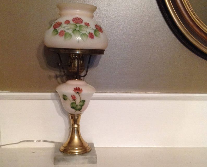 Rewired Antique Glass Globe Table Lamp Hand Painted Marble Base Victorian Farmhouse Romantic Country Cottage Style Lighting Home Decor