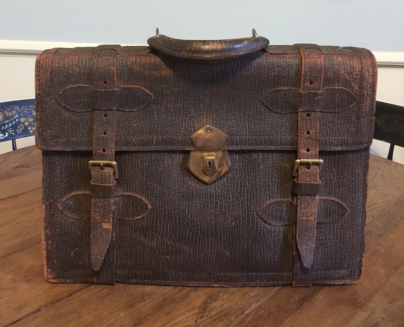 Antique Walrus skin leather satchel briefcase attach\u00e9 messenger bag rustic worn patina travel luggage hipster steampunk accessory