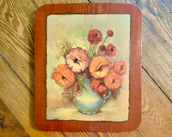 Wooden wall plaque with decoupaged floral art print by Lola Ades on wood Farmhouse country cottage style home decor