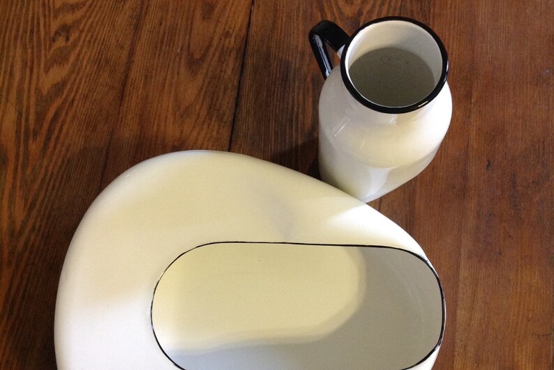 Porcelain enameled metal bedpan and urinal set white enamelware hospital medical artifact kitsch mid century planter vase home garden decor