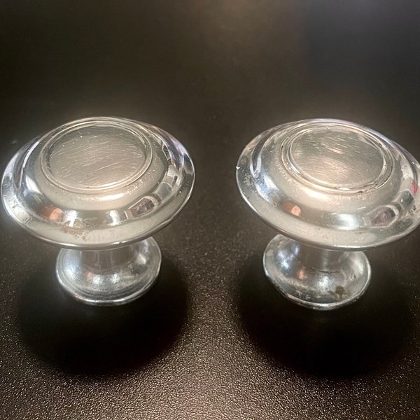Pair 1940’s chrome knobs pulls bullseye pattern silver metal for cabinets drawers restoration hardware Art Deco kitchen home decor