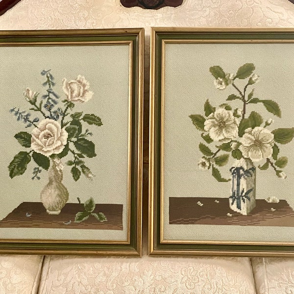 Pair of framed needlepoint florals needlework fiber art under glass in wooden frame farmhouse country cottage style wall home decor