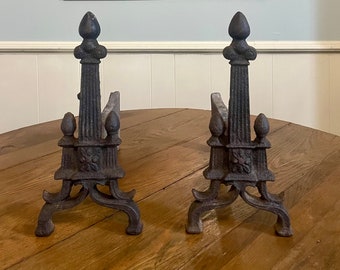 Pair cast iron andirons fire dogs log holders Victorian farmhouse country cottage style fireplace accessories home decor