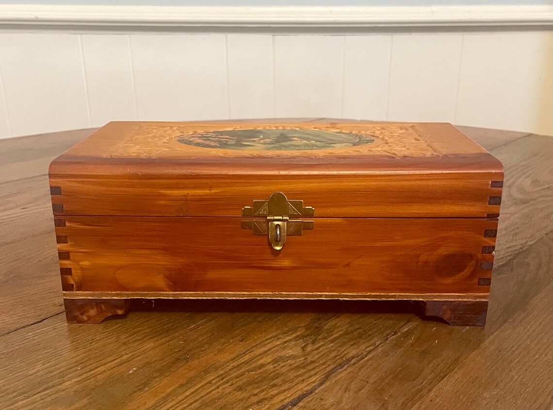 Embossed Cedar Wood Jewelry Box With Decoupaged Cottage Scene Etsy