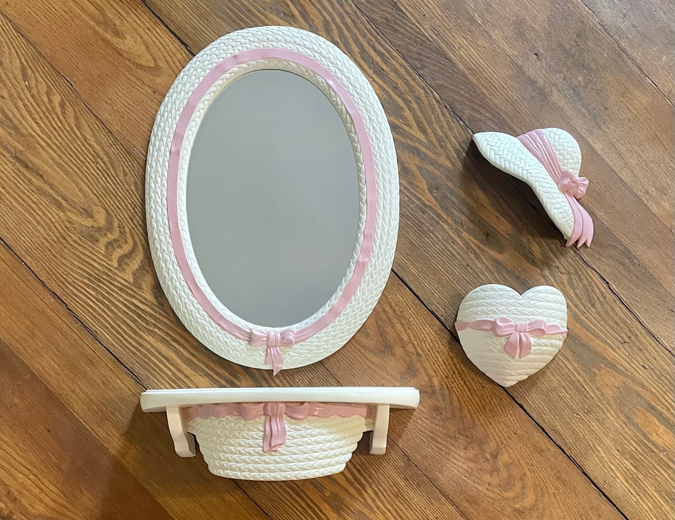 Home Interiors Vintage Pink And White Plastic Wicker Bow Mirror Wall Decor  Girl