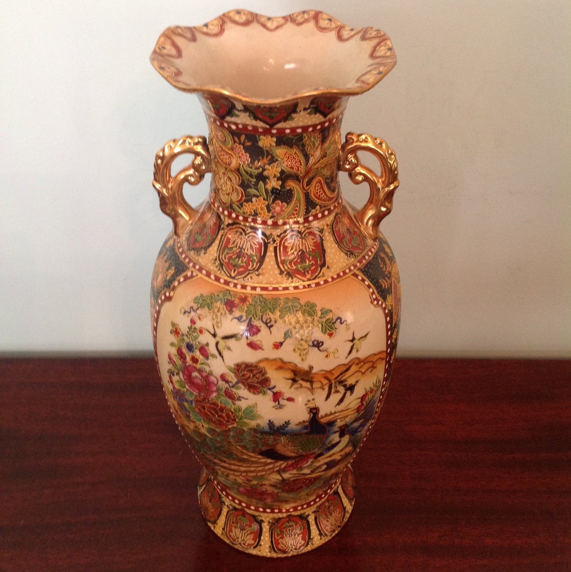 Royal Satsuma large handled porcelain peacock vase collectible Etsy
