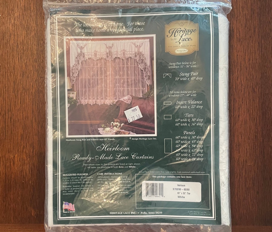 Heritage Lace Curtains Heirloom Pattern 60”x 30” White Tier Made in USA