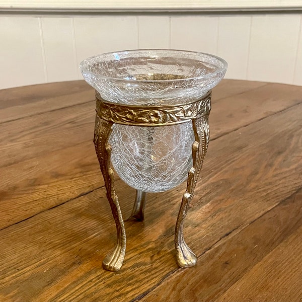 Clear crackle glass bowl vase with ornate brass stand neoclassical Grecian style home decor