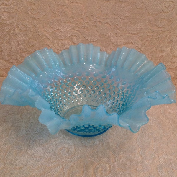 Large Fenton blue opalescent ruffled hobnail bowl collectible aqua turquoise depression glass romantic cottage chic Victorian home decor