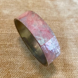 1970s Pink Mother of Pearl Bangle Bracelet: Brass Boho Jewelry