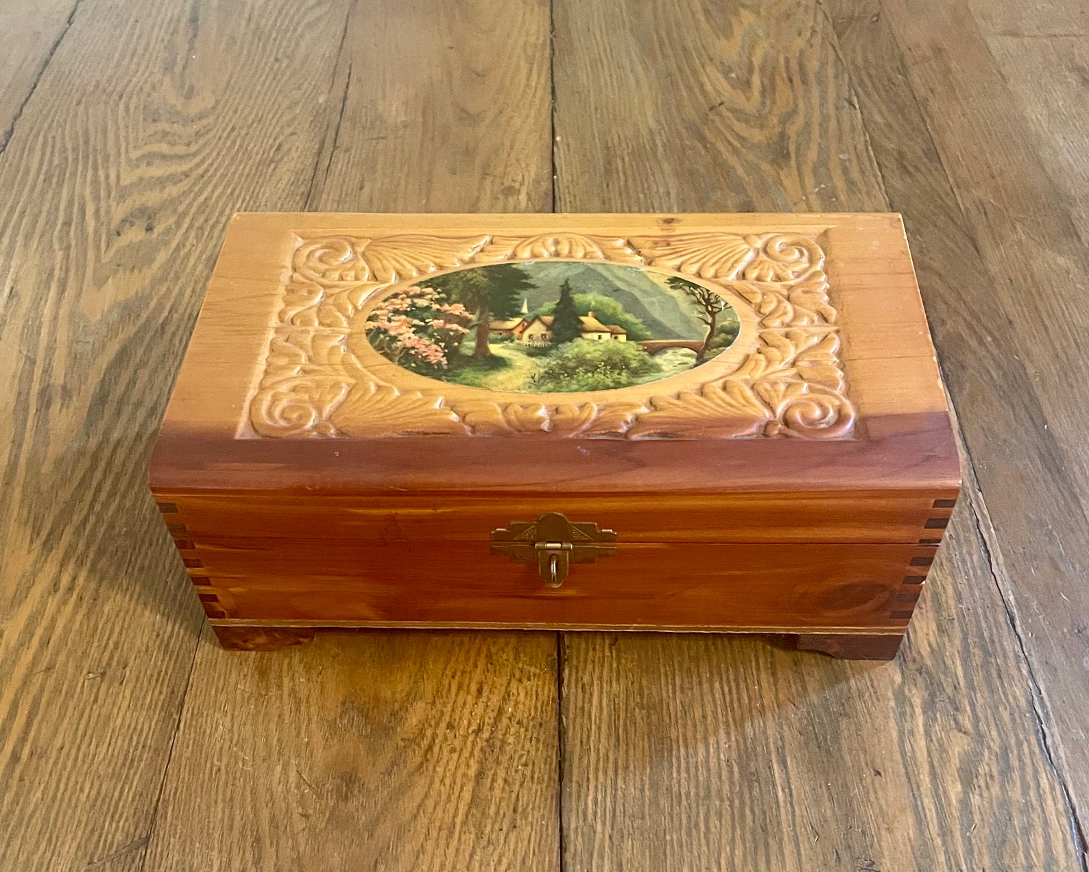 Embossed Cedar Wood Jewelry Box With Decoupaged Cottage Scene Etsy