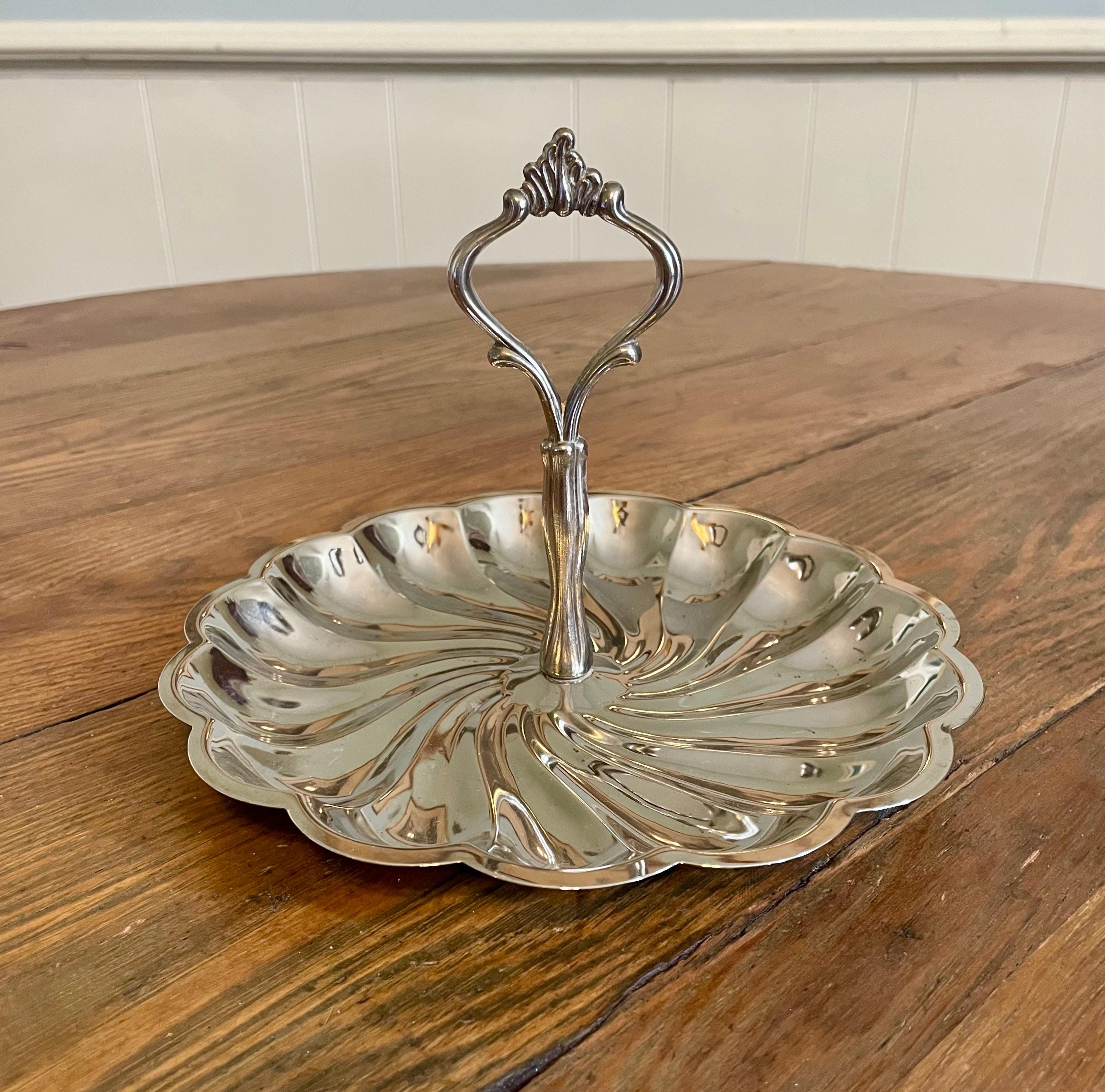 Silver plated round serving tray with center handle swirl pattern bon bon candy tidbit jewelry display country cottage style home decor