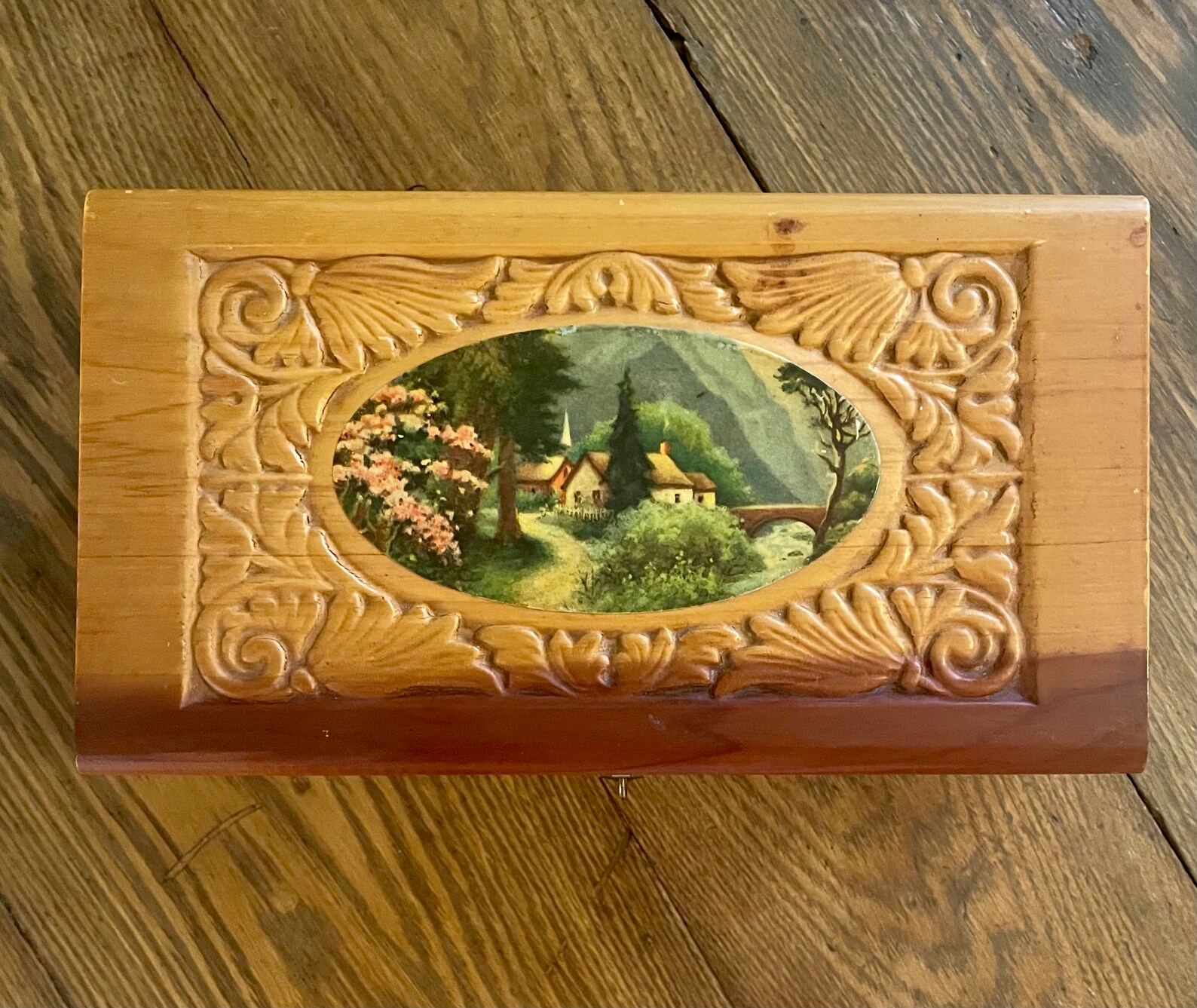 Embossed Cedar Wood Jewelry Box With Decoupaged Cottage Scene Etsy