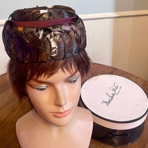 1950’s pheasant feather pillbox hat: evening cocktail women&#39;s fashion accessory one size fits all