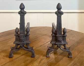 Pair cast iron andirons fire dogs log holders Victorian farmhouse country cottage style fireplace accessories home decor