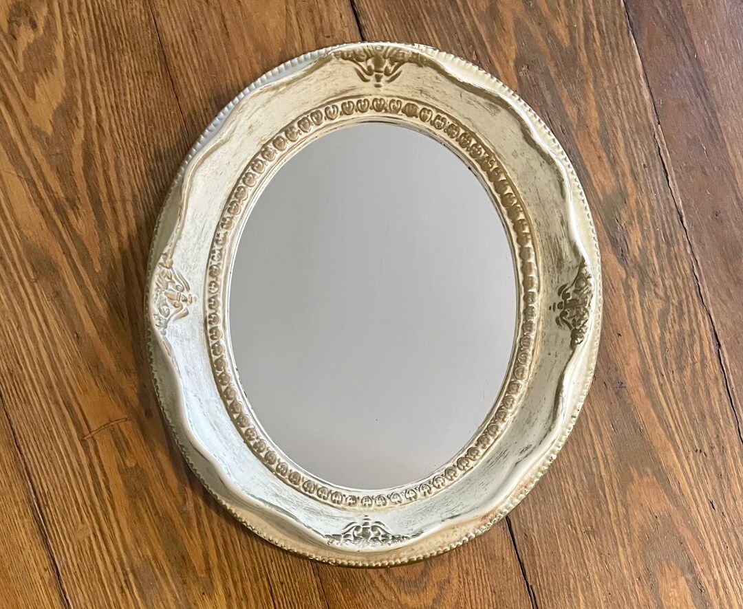 Oval Standing Mirror Creamy White and Gold Molded Plastic French
