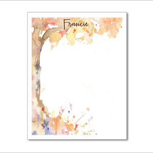 May include: A watercolor painting of a tree with brown branches and a white background. The tree is surrounded by colorful watercolor splatters in shades of orange, yellow, pink, and blue. The name "Francie" is written in brown cursive at the top of the image.