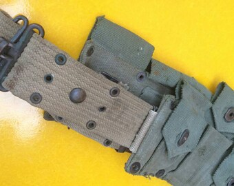 Antiguo gobierno emitir lona cáñamo caqui Web Cinturón con dos bolsas de munición M1 Grand Carbine Springfield rifle WWII