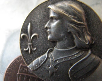 Joan of Arc Medallion Pin Art Nouveau Era Vintage Sterling with Gold Vermeil 1" Diameter