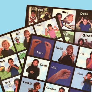 May include: Two rectangular educational charts featuring a grid of images and text. Each square displays a photograph of a person or animal alongside a corresponding word, including labels like Bear, Bird, Deer, Play, More, Finish, Eat, Ball, Drink, Milk, Want, Cookie, and Cracker.