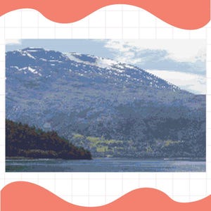 Alaska Berg Kreuzstich Farbmuster-Diagramm 200x134 Stiche Herunterladbare PDF-Stickerei Pixel Travel Nadelspitze Cruise Calm Blau