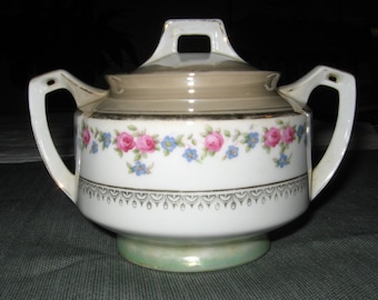 Porzellanfabrik Schonwald Bavaria, Germany Sugar Bowl & Lid, Green Brown Luster