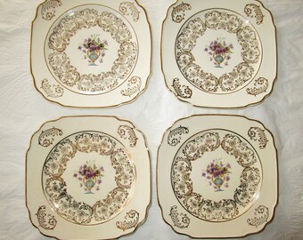 Set of 4 Royal China Dessert / Bread Plates, 6.75", RYL 120 Violets in Urn, Gold Filigree (c. 1940s)