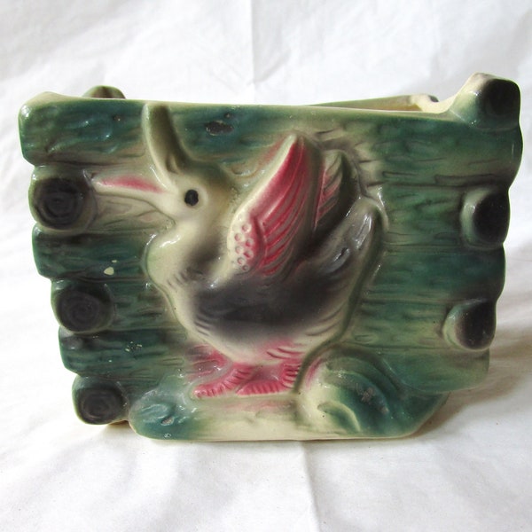 4.5" wide x 3.5" High Florart Japan Air-brushed DUCK with Green Logs (c. 1950s)