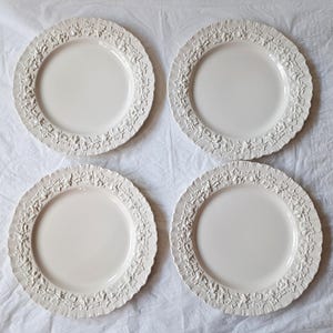 May include: A set of four round, off-white ceramic dinner plates. Each plate features a smooth, flat center and a wide, raised rim decorated with a detailed, embossed relief pattern of grapes, leaves, and vines encircling the entire edge.