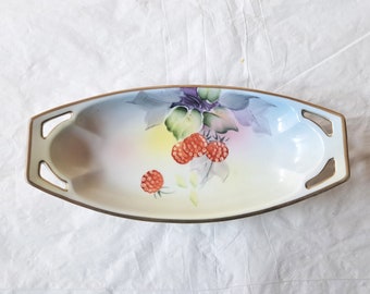 8.25&quot; Oval Nippon Hand Painted Pickle / Relish Dish, Berries, Thick Gold Trim, ca. 1890s-1910s