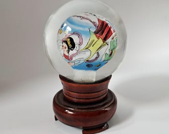 Chinese Hand-Painted Glass Globe, Decorative Wooden Stand, Goddesses, 3.75" High