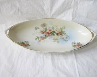 Beyer Bock Royal Rudolstadt Prussia 12.75" Oval Bowl, Coral Pink & White Roses (c. 1910s)