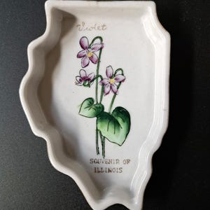 Op de afbeelding: Wit keramisch souvenirbord in de vorm van Illinois, met een bloemmotief van paarse viooltjes en groene bladeren. Het bord is voorzien van de tekst "Violet" en "Souvenir of Illinois" in gouden letters.